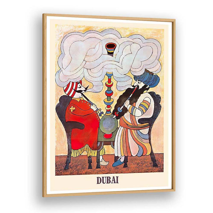Colorful DUBAI I, VINTAGE TRAVEL POSTERS featuring two men enjoying a hookah, perfect for adding elegance to any space.