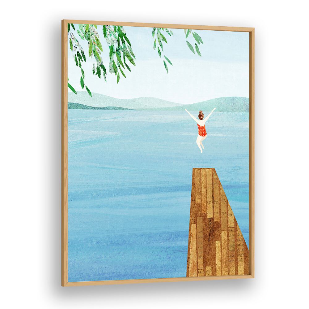 WILD, VIBRANT art print featuring a joyful swimmer diving into a serene lake, perfect for elevating your decor.