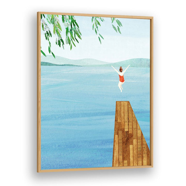 WILD, VIBRANT art print featuring a joyful swimmer diving into a serene lake, perfect for elevating your decor.