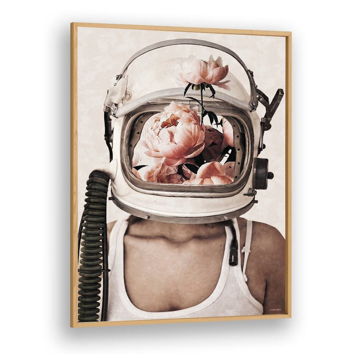 Surreal art print "SPACE BLOOM" by Underdott features an astronaut helmet filled with flowers. Perfect for modern decor.