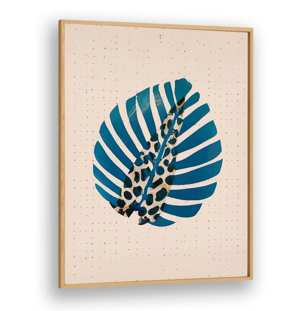 LEOPALM , FLORAL FLOWER PAINTINGS featuring a blue striped leaf with leopard print accents in a wooden frame.
