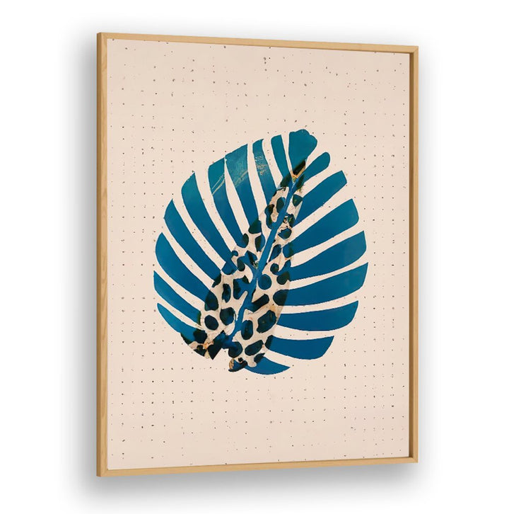 LEOPALM , FLORAL FLOWER PAINTINGS featuring a blue striped leaf with leopard print accents in a wooden frame.