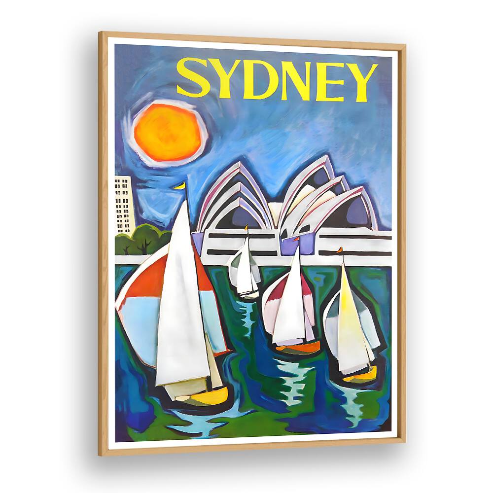 Bright, colorful SYDNEY, VINTAGE TRAVEL POSTERS featuring iconic sails and the Sydney Opera House, perfect for decor.
