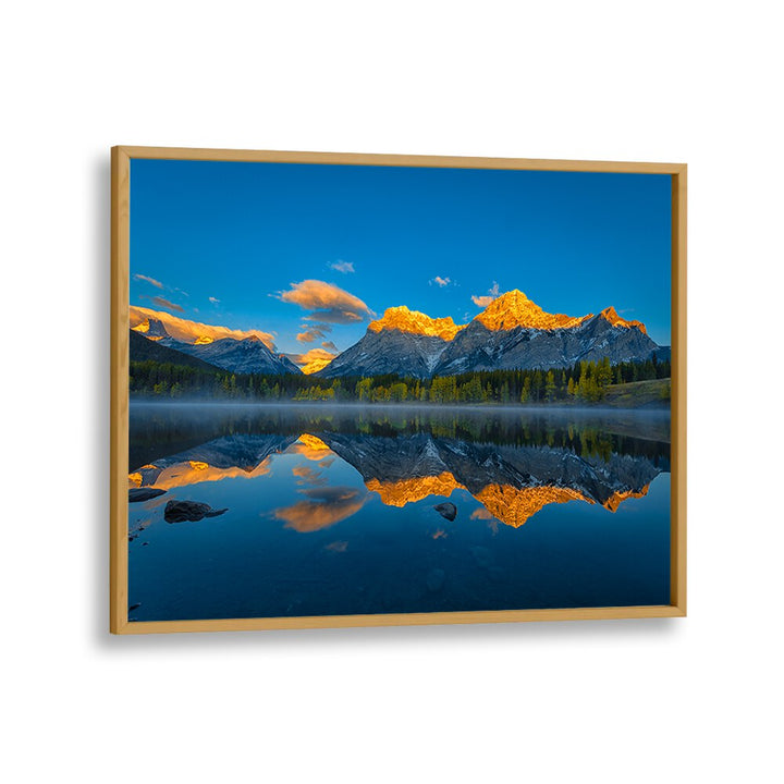 Stunning reflections of sunrise over mountains in "A PERFECT MORNING IN CANADIAN ROCKIES, PHOTOGRAPHY PRINTS."