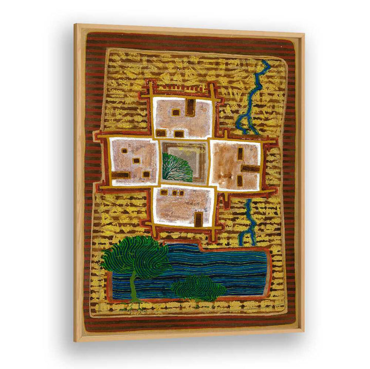 Stunning landscape painting titled "A SHADOWY CORNER," featuring abstract homes and tranquil waters. Perfect for decor.