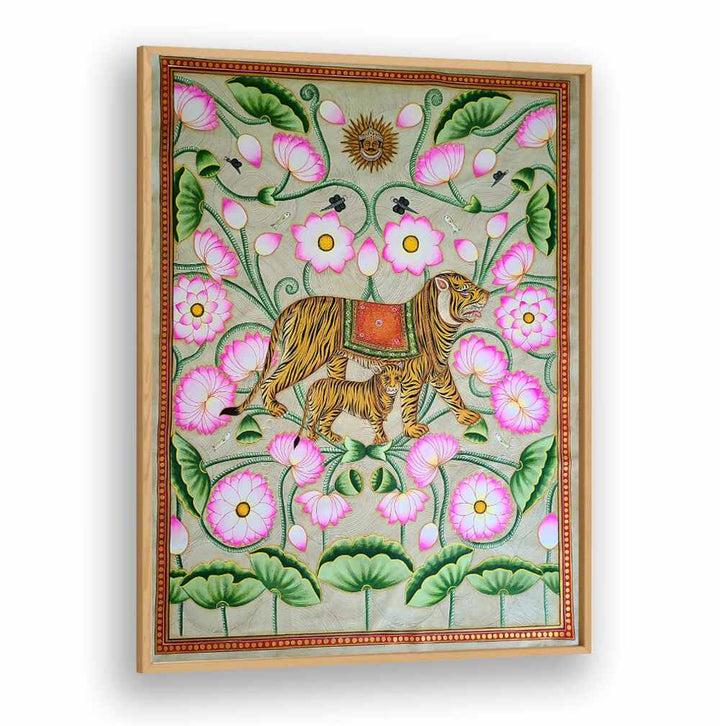 Discover the beauty of TIGRESS WITH CUB, INDIAN ART PAINTINGS, showcasing a tigress nurturing her cub among vibrant blooms.