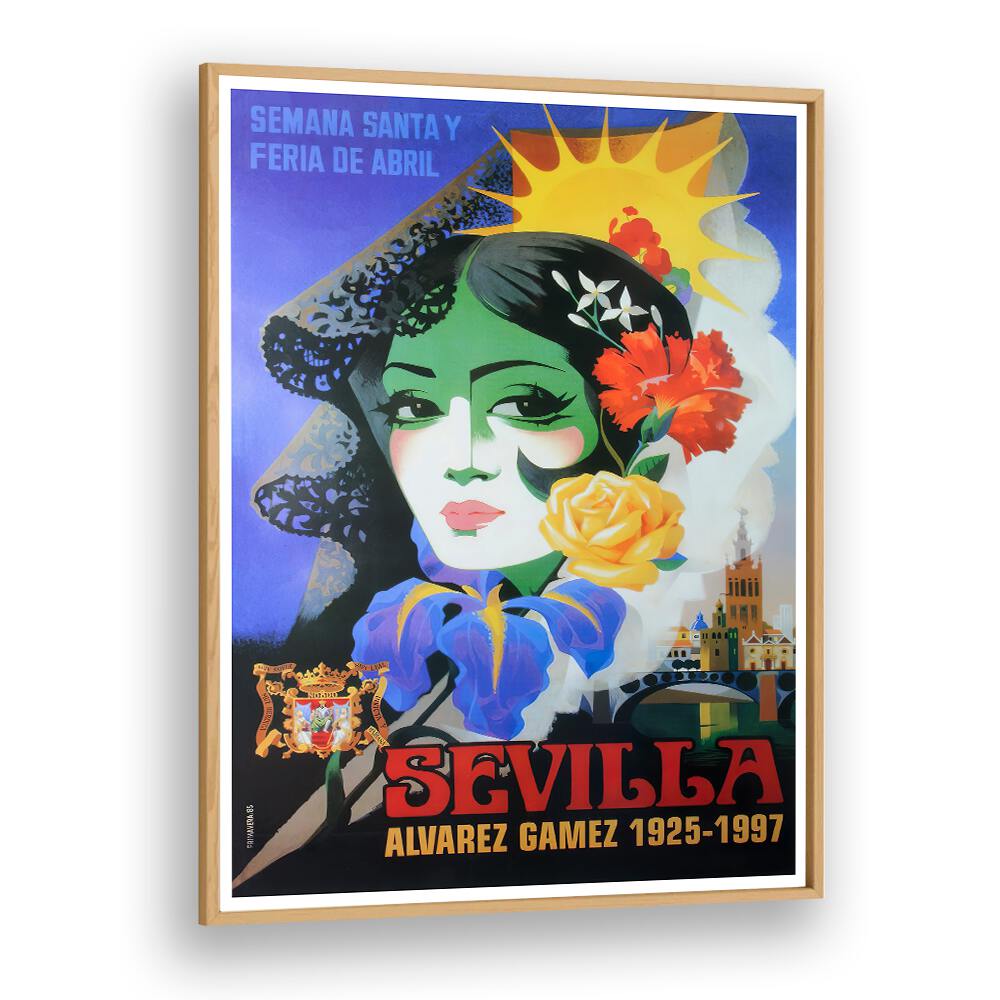 Colorful Sevilla vintage travel poster featuring a woman with floral accents, perfect for home decor. SEVILLA, VINTAGE TRAVEL POSTERS.