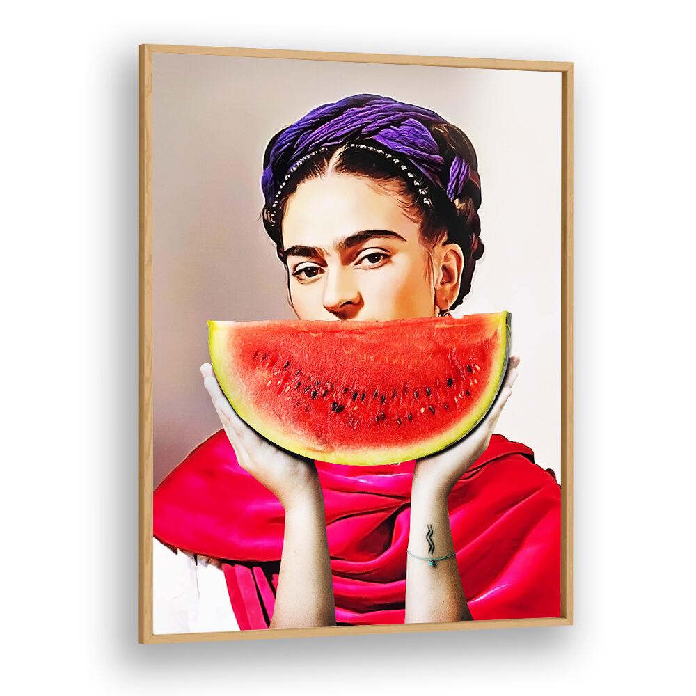 Vibrant WATERMELON FRIDA, ALTERED ART PRINTS by Dikhotomy, celebrating Frida Kahlo with playful colors and culture.
