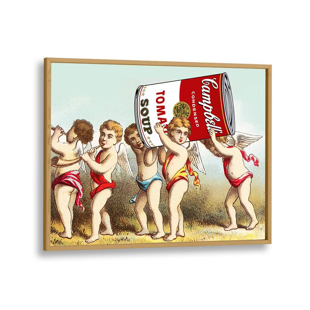Whimsical WE HAVE A SNACK, ALTERED ART PRINTS by Dikhotomy featuring cherubs with soup cans, perfect for art lovers.