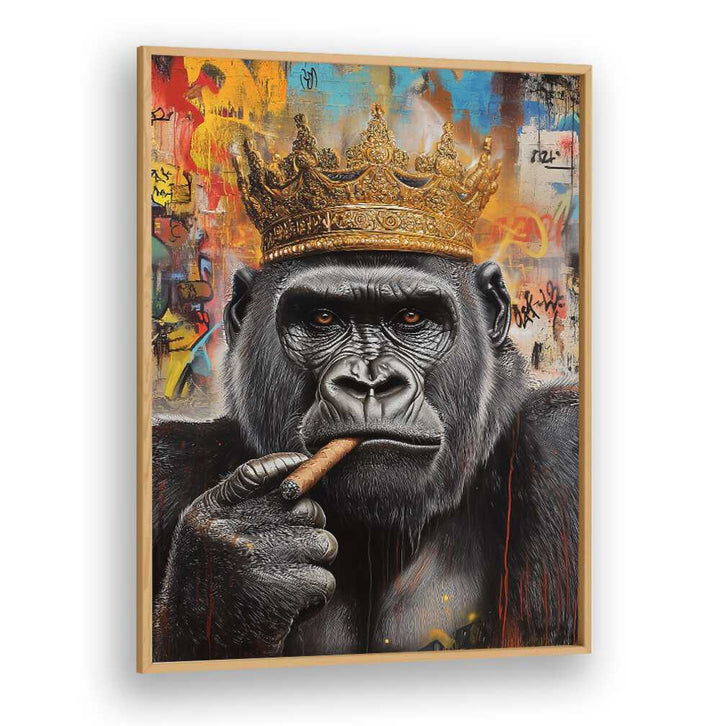 Bold and striking, THE GORILLA KING, ALTERED ART PRINTS showcases a crowned gorilla with a cigar, perfect for any decor.