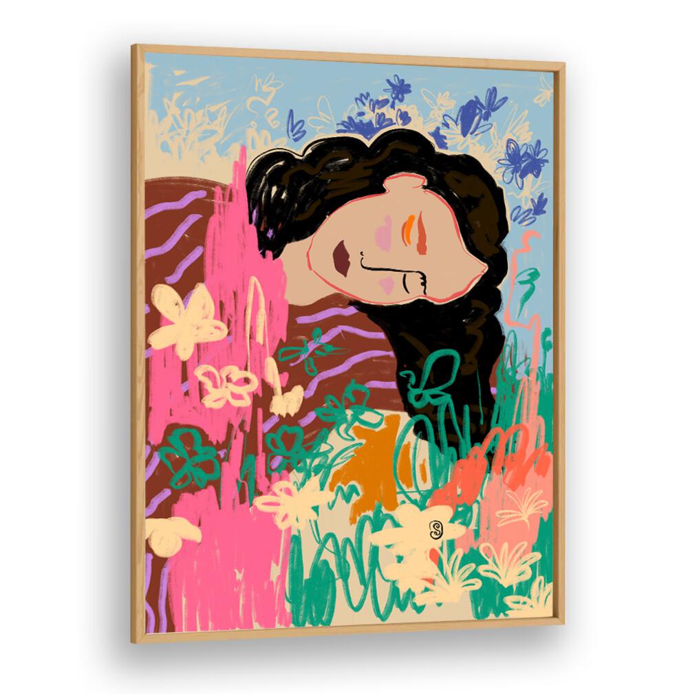 Vibrant art print featuring a relaxed woman among colorful flowers, perfect for day dreaming and brightening any space.