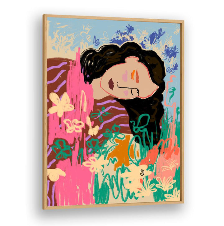 Vibrant art print featuring a relaxed woman among colorful flowers, perfect for day dreaming and brightening any space.