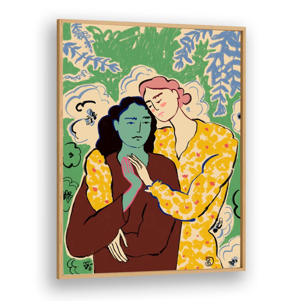 Vibrant art print showcasing two figures embracing, capturing the essence of holding hands and connection.