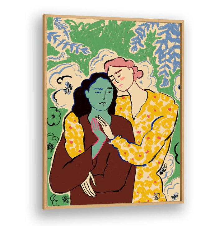 Vibrant art print showcasing two figures embracing, capturing the essence of holding hands and connection.
