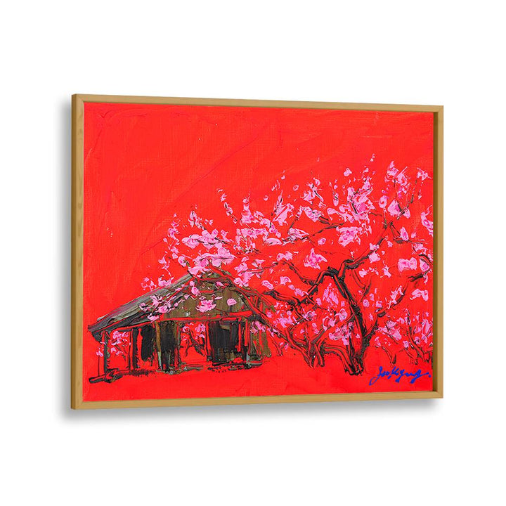 Vibrant PEACH BLOSSOM CANVAS, FLORAL FLOWER PAINTINGS showcasing a charming house under blooming cherry blossoms.