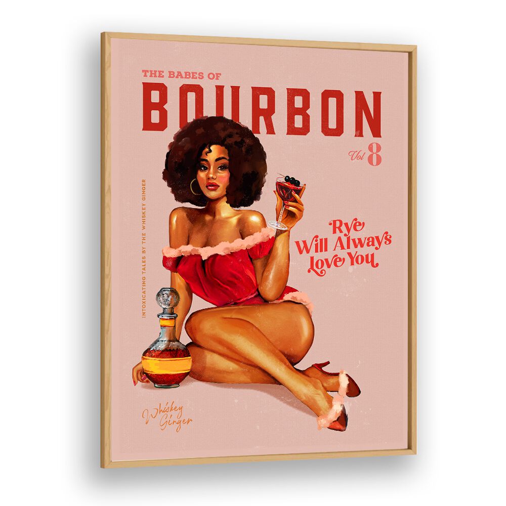 Vintage BOURBON BABES II, BAR poster featuring a glamorous pinup girl, perfect for any stylish café or bar decor.