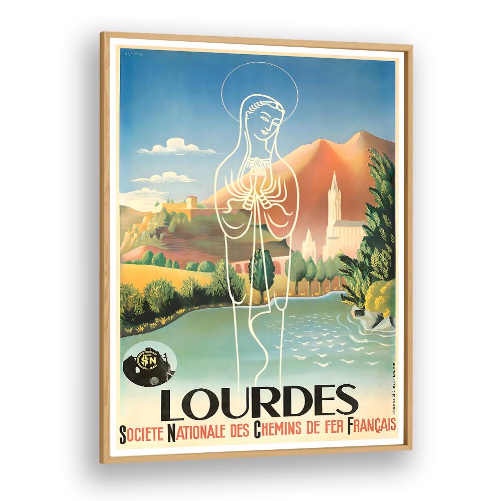 Lourdes, Vintage Travel Posters showcase a serene pilgrimage scene with artistic elegance and nostalgic charm.