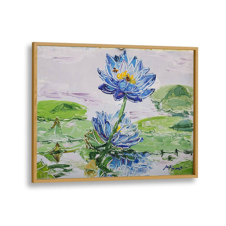 Vibrant LOTUS FLOWER CANVAS, showcasing stunning floral flower paintings with blue blossoms and green leaves.