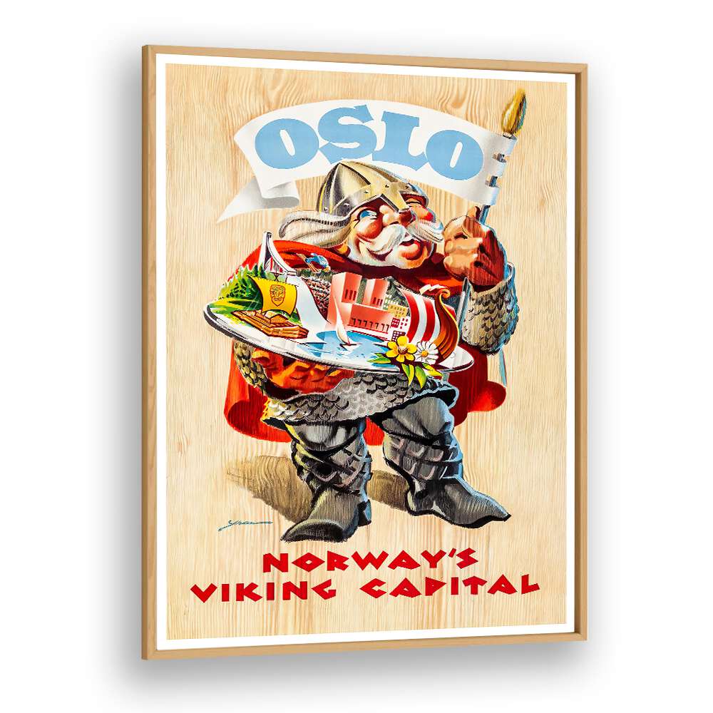 Explore the charm of OSLO, VINTAGE TRAVEL POSTERS featuring a Viking character, perfect for nostalgic decor.