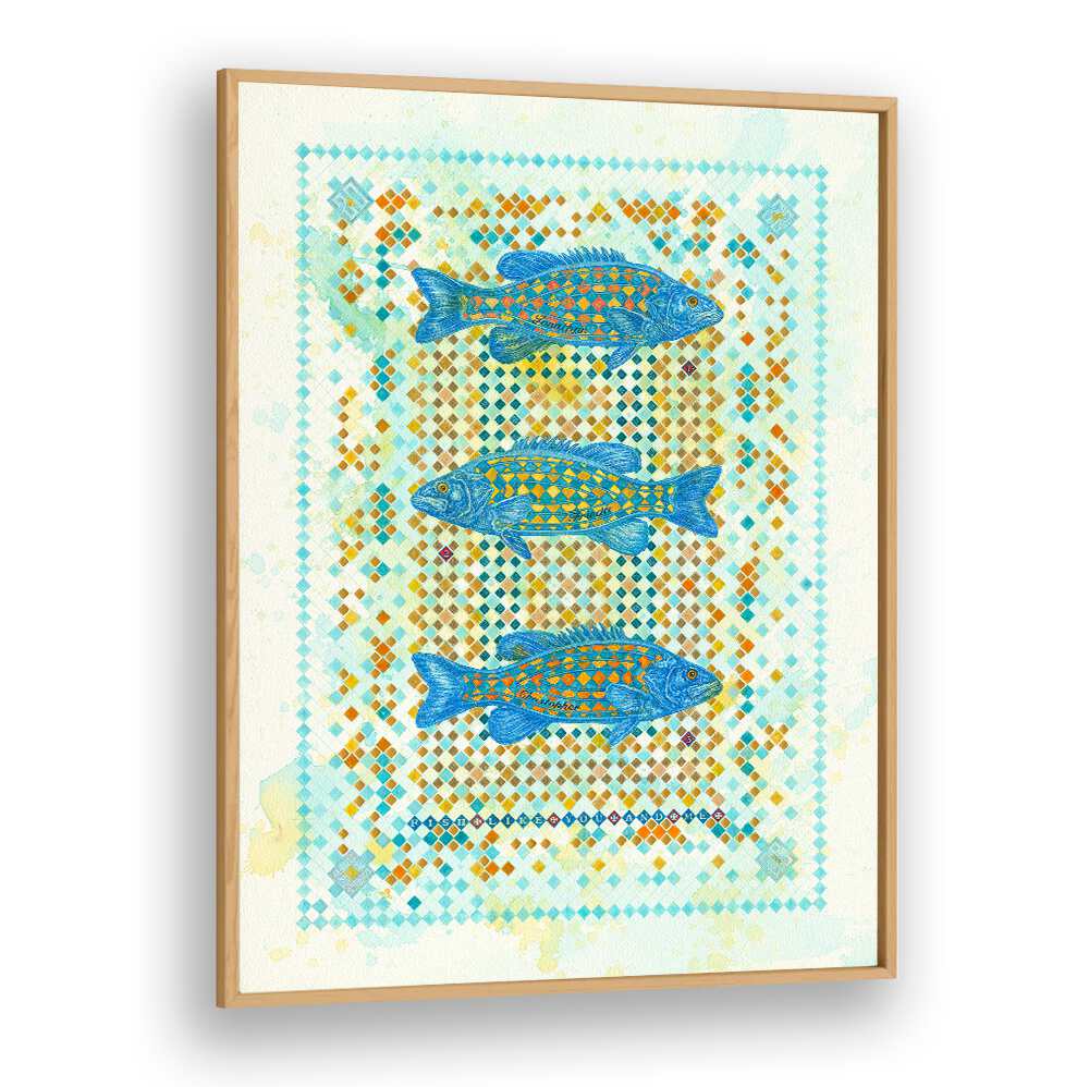 Vibrant blue fish swim in a patterned backdrop in FISH LIKE YOU AND ME II, ANIMAL PAINTINGS by Oakwood.