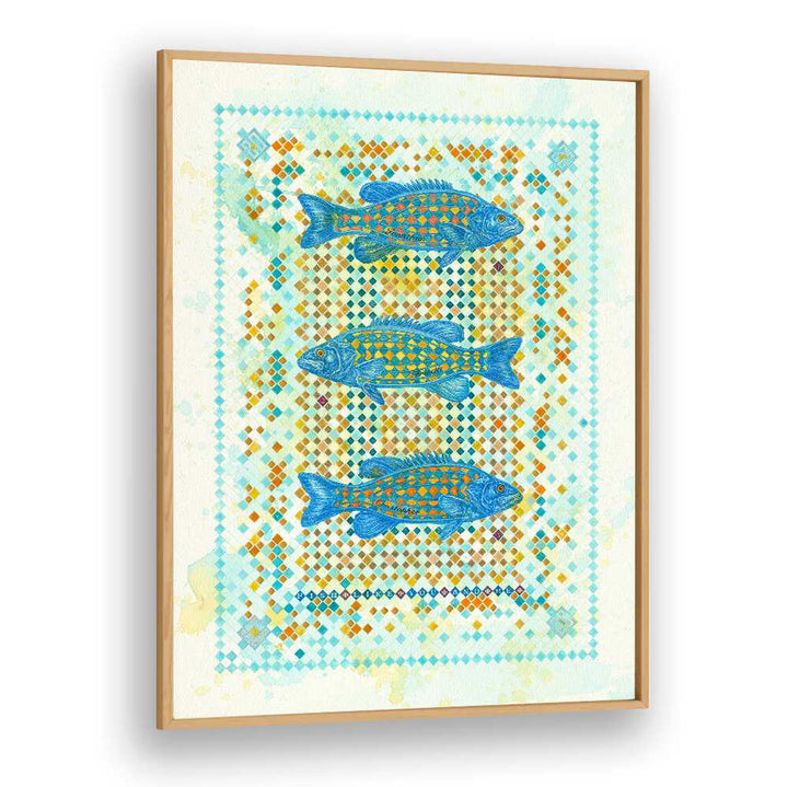 Vibrant blue fish swim in a patterned backdrop in FISH LIKE YOU AND ME II, ANIMAL PAINTINGS by Oakwood.