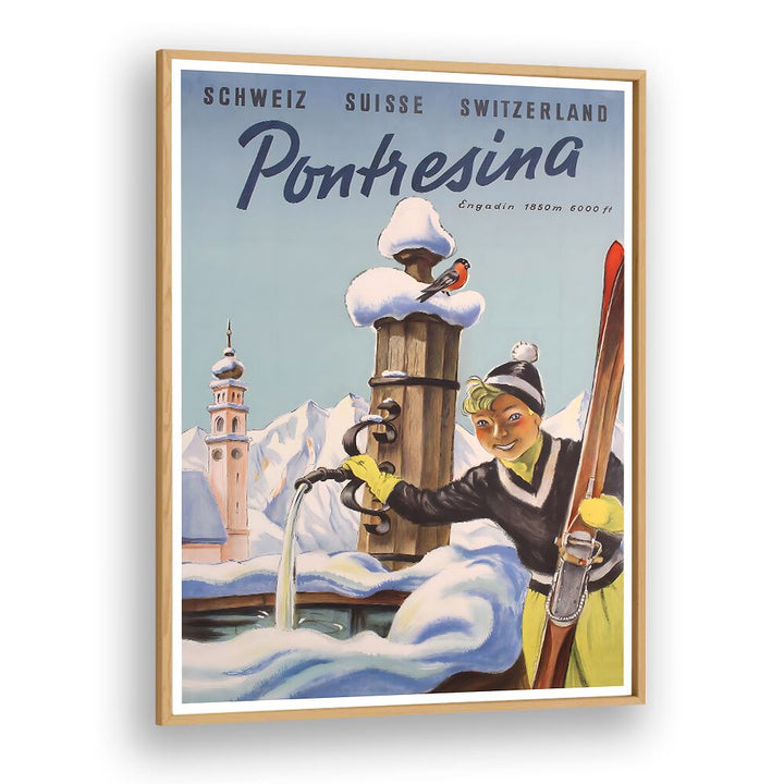 PONTRESINA, VINTAGE TRAVEL POSTERS showcase a joyful skier in a snowy Swiss landscape, perfect for your decor.
