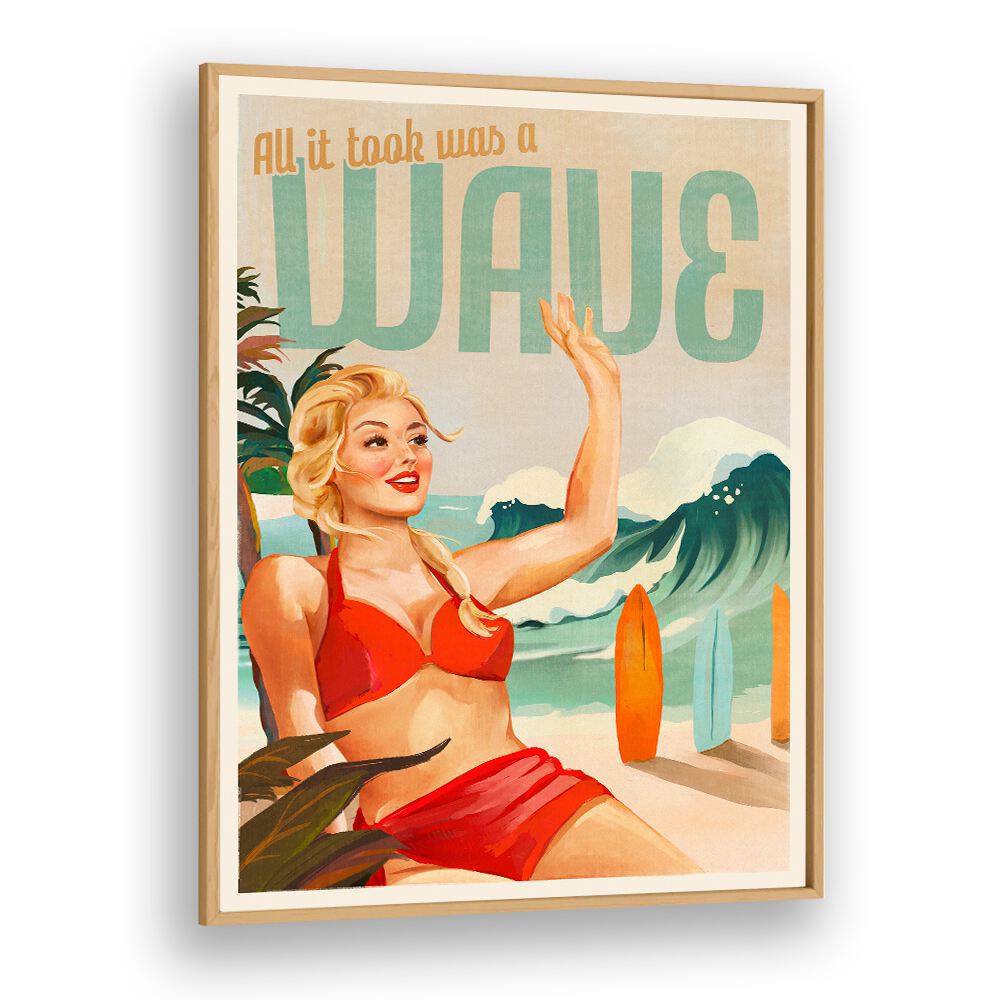 Vibrant surfing pinup artwork featuring a chic girl on the beach, perfect for beach paintings enthusiasts.