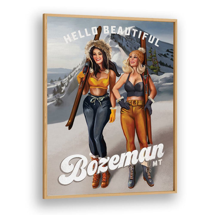 Bozeman's HELLO BEAUTIFUL, PORTRAITS showcases vibrant ski pinup girls in a stunning winter landscape.