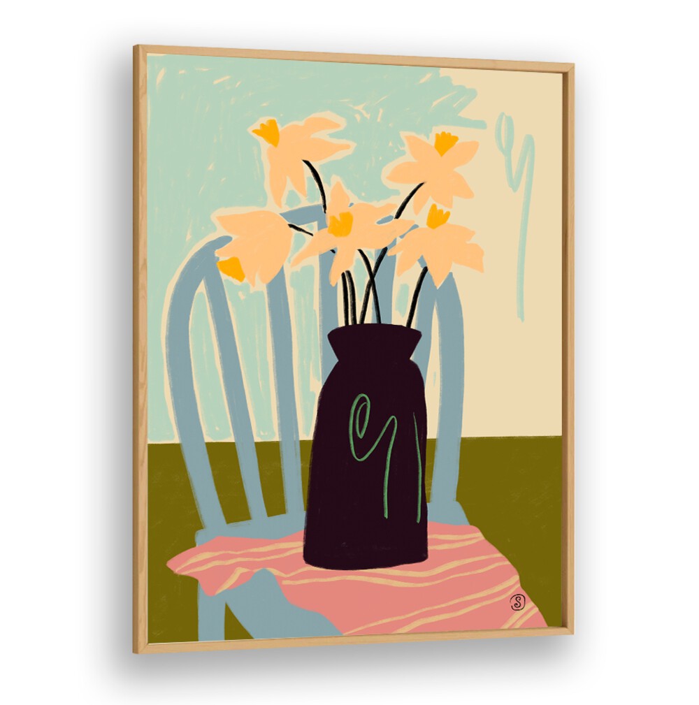 Bright daffodils in a stylish vase, showcasing vibrant colors for a lively home decor accent. Perfect for art lovers!