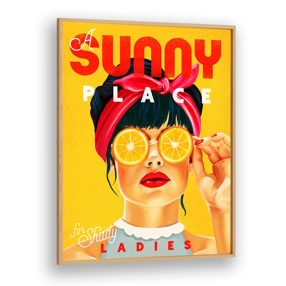 Vintage orange pinup art titled "A Sunny Place, Bar" captures playful elegance for stylish decor.