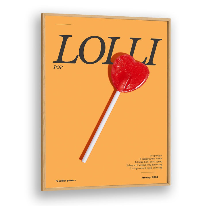 Delight in the HEART LOLLIPOP, BAR art featuring a vibrant red heart-shaped lollipop against a bright orange background.
