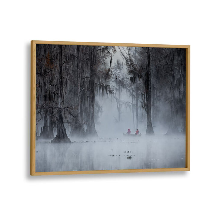 Discover tranquility in the JOURNEY TO MYSTERY, PHOTOGRAPHY PRINTS featuring a misty landscape with serene kayakers.