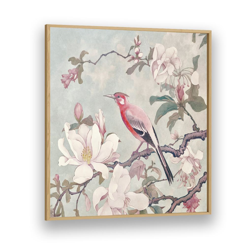 Vibrant CHINOISERIE BIRD IV, ANIMAL PAINTINGS featuring a bird amidst blooming magnolias. Perfect for spring decor.