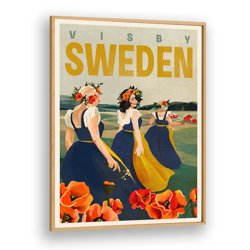 Visby SWEDEN FLOWER GIRLS, TRAVEL POSTERS beautifully illustrate elegance and femininity in vibrant, captivating artwork.