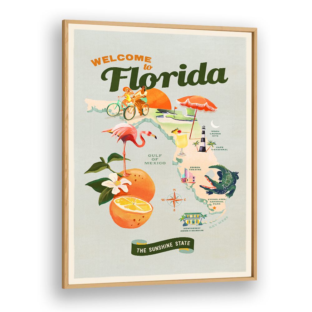 Welcome to Florida illustrated travel poster showcasing vibrant culture and landscapes, perfect for FLORIDA, TRAVEL POSTERS.