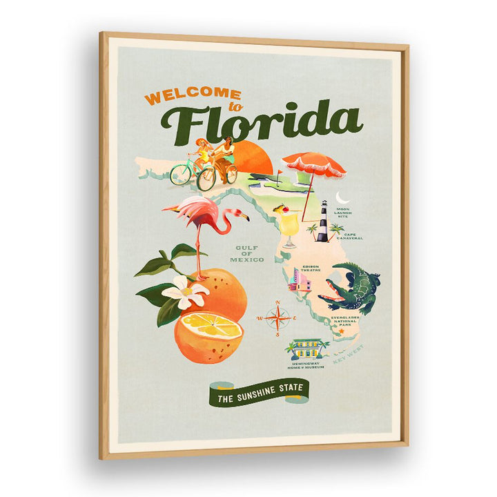 Welcome to Florida illustrated travel poster showcasing vibrant culture and landscapes, perfect for FLORIDA, TRAVEL POSTERS.