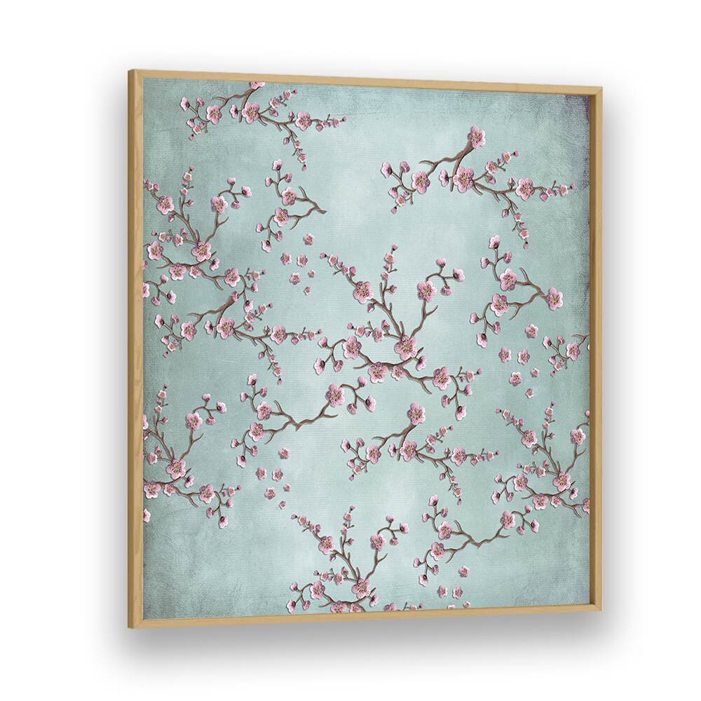 Exquisite CHERRY BLOSSOMS II, FLORAL FLOWER PAINTINGS featuring delicate pink flowers on a serene blue background.