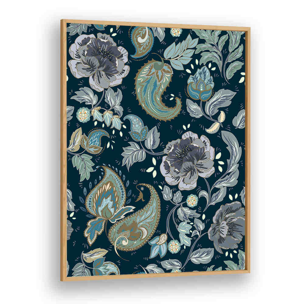 Enhance your decor with MOONSHINE BLUE, PATTERN ART PRINTS featuring elegant floral designs on a rich backdrop.