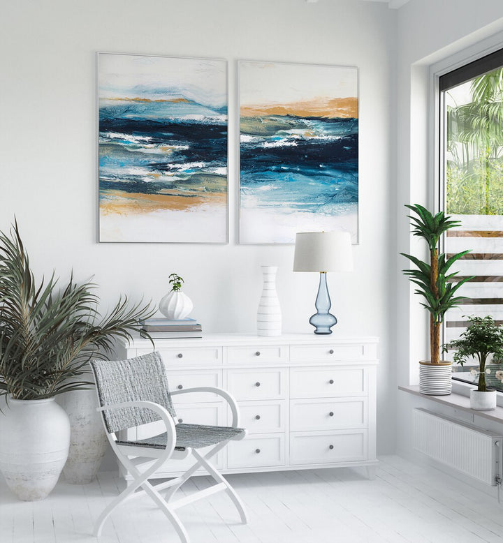 Enhance your space with the OCEAN SERENITY SET, SET OF 2 PAINTINGS showcasing tranquil ocean waves and coastal beauty.