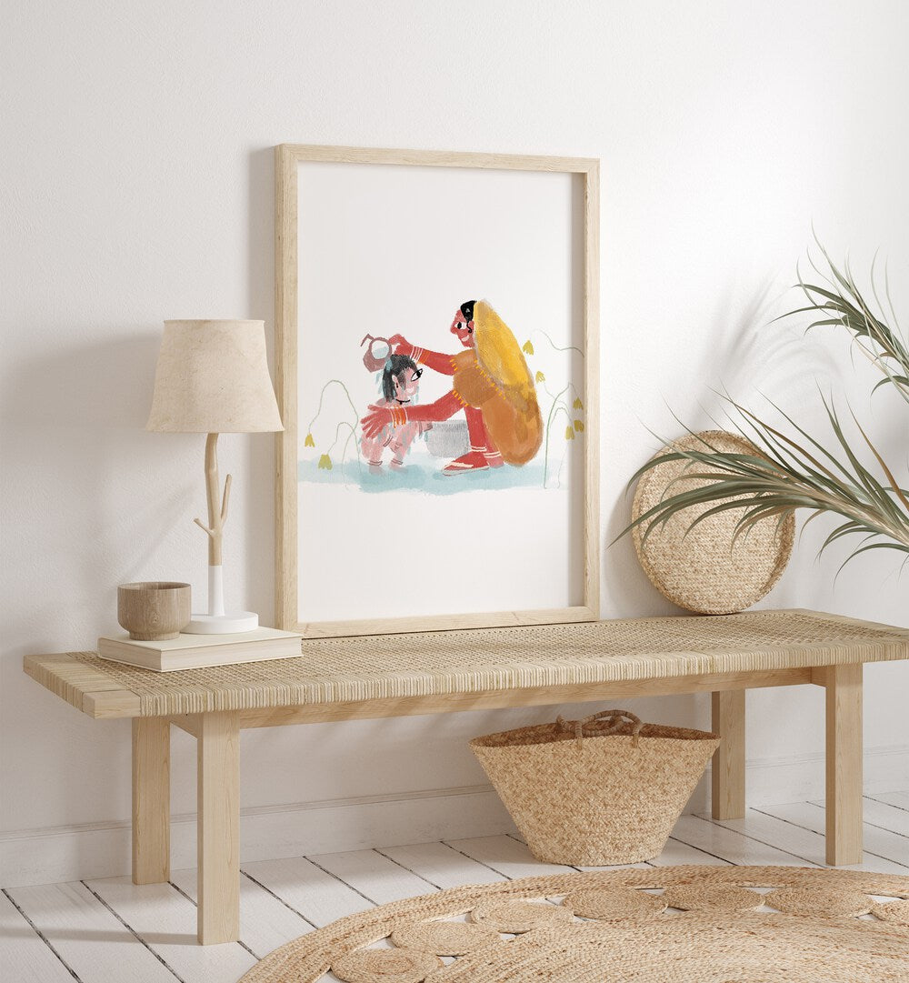 Of Mothers By Shreya Roy Chowdary, Indian Art Paintings Artwork in Oak Wood Plain Frame placed above a Shelf near a White Colored Wall
