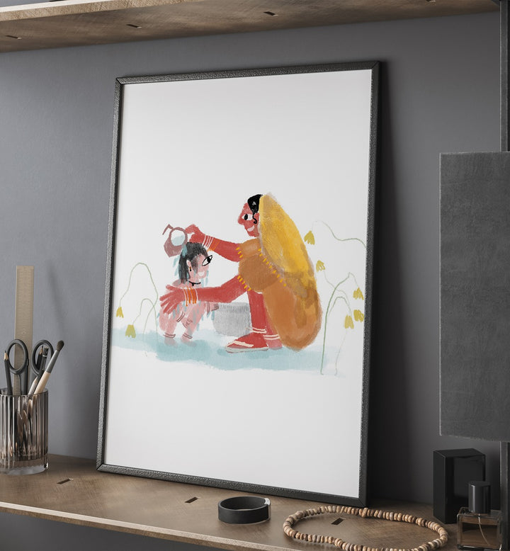 Of Mothers By Shreya Roy Chowdary, Indian Art Paintings Artwork in Black Plain Frame placed above a Shelf
