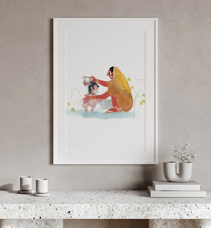 Of Mothers By Shreya Roy Chowdary, Indian Art Paintings Artwork in White Frame With Mount placed on a Cream Colored Wall above a Shelf