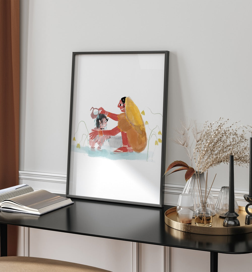 Of Mothers By Shreya Roy Chowdary, Indian Art Paintings Artwork in Black Plain Frame placed above a Black Shelf near a White Colored Wall
