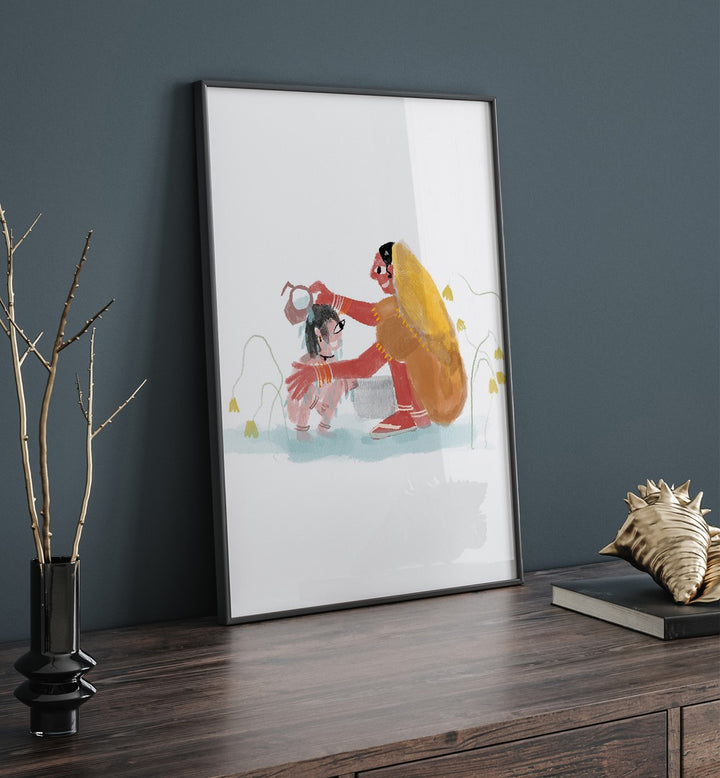 Of Mothers By Shreya Roy Chowdary, Indian Art Paintings Artwork in Black Plain Frame placed above a Console Table near a Blue Colored Wall