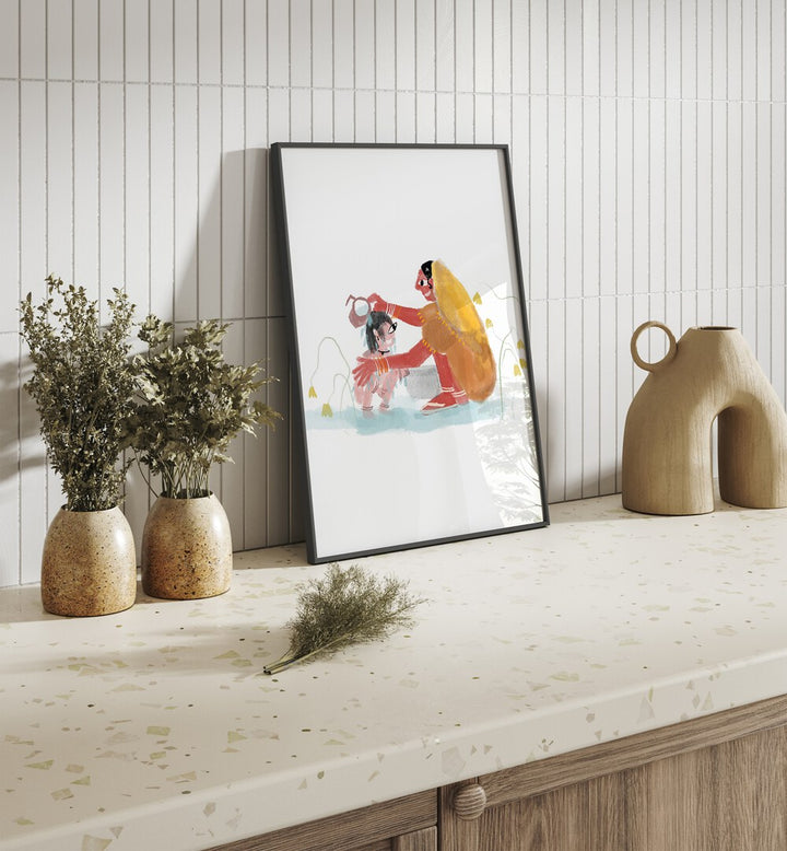 Of Mothers By Shreya Roy Chowdary, Indian Art Paintings Artwork in Black Plain Frame placed above a Console Table