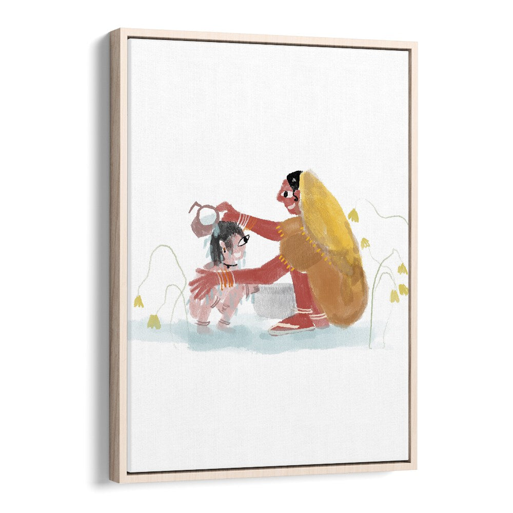 Of Mothers By Shreya Roy Chowdary, Indian Art Paintings Artwork in Oak Wood Floater Frame