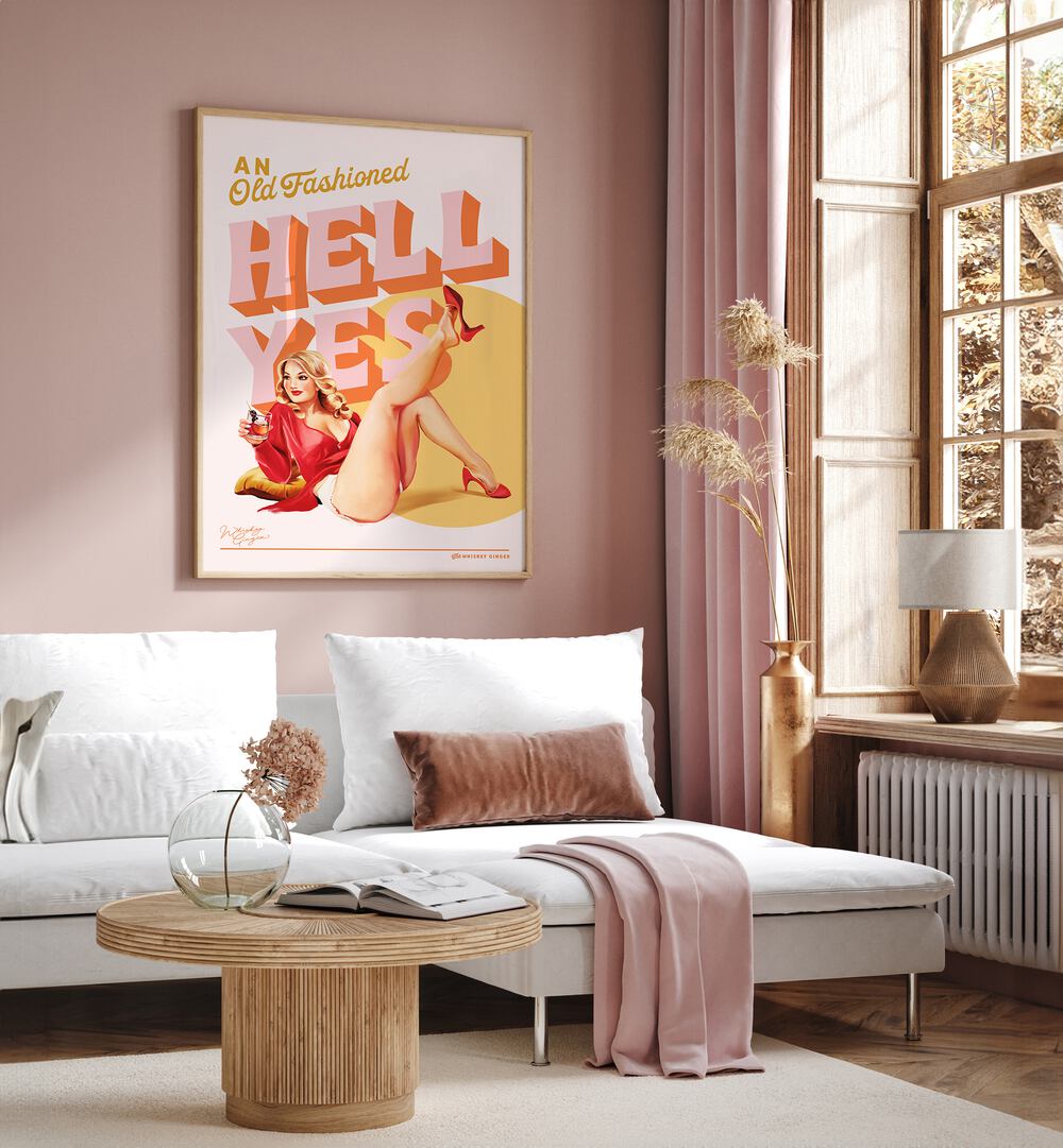 Vibrant HELL YES II, FASHION POSTERS artwork brightening a chic living space, perfect for bold interiors.