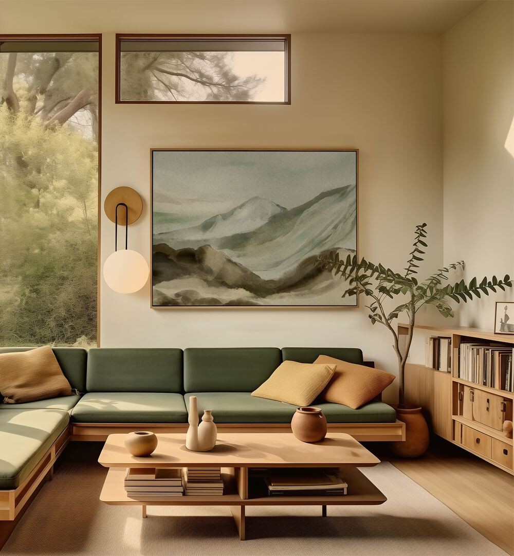 Experience serene beauty with OLD MOUNTAIN, LANDSCAPE PAINTINGS adorning a stylish living room space.