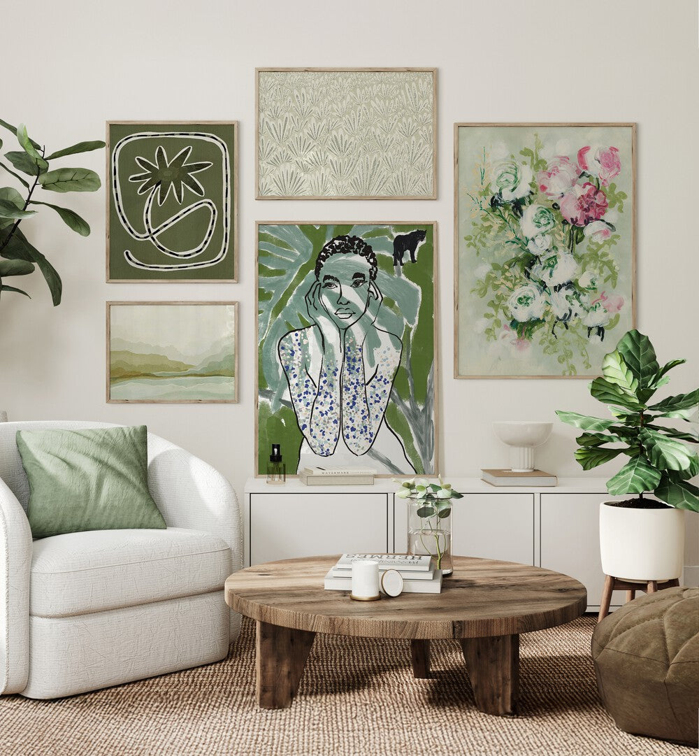 Stylishly arranged OLIVE DREAMS GALLERY WALL showcasing serene art prints in earthy tones for elegant gallery walls.