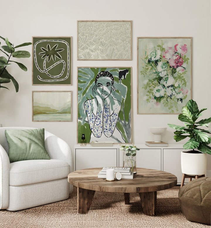 Stylishly arranged OLIVE DREAMS GALLERY WALL showcasing serene art prints in earthy tones for elegant gallery walls.